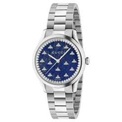 DAMES Gucci Horloges^32 mm stalen kast, donkerblauwe lapiz steen wijzerplaat met bijen, stalen armband