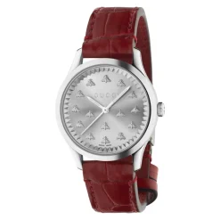 DAMES Gucci 32 mm stalen kast, zon geborstelde wijzerplaat met bijen, rode gekleurde alligator band