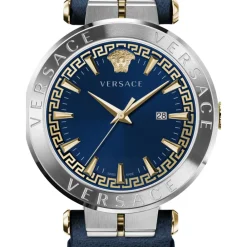 Heren Versace AION Leren Band Blauw Wijzerplaat Horloge