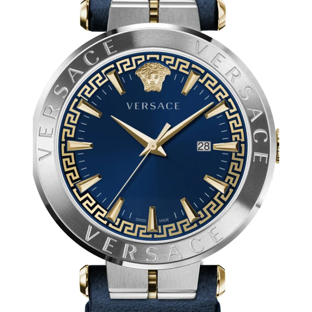 Heren Versace AION Leren Band Blauw Wijzerplaat Horloge
