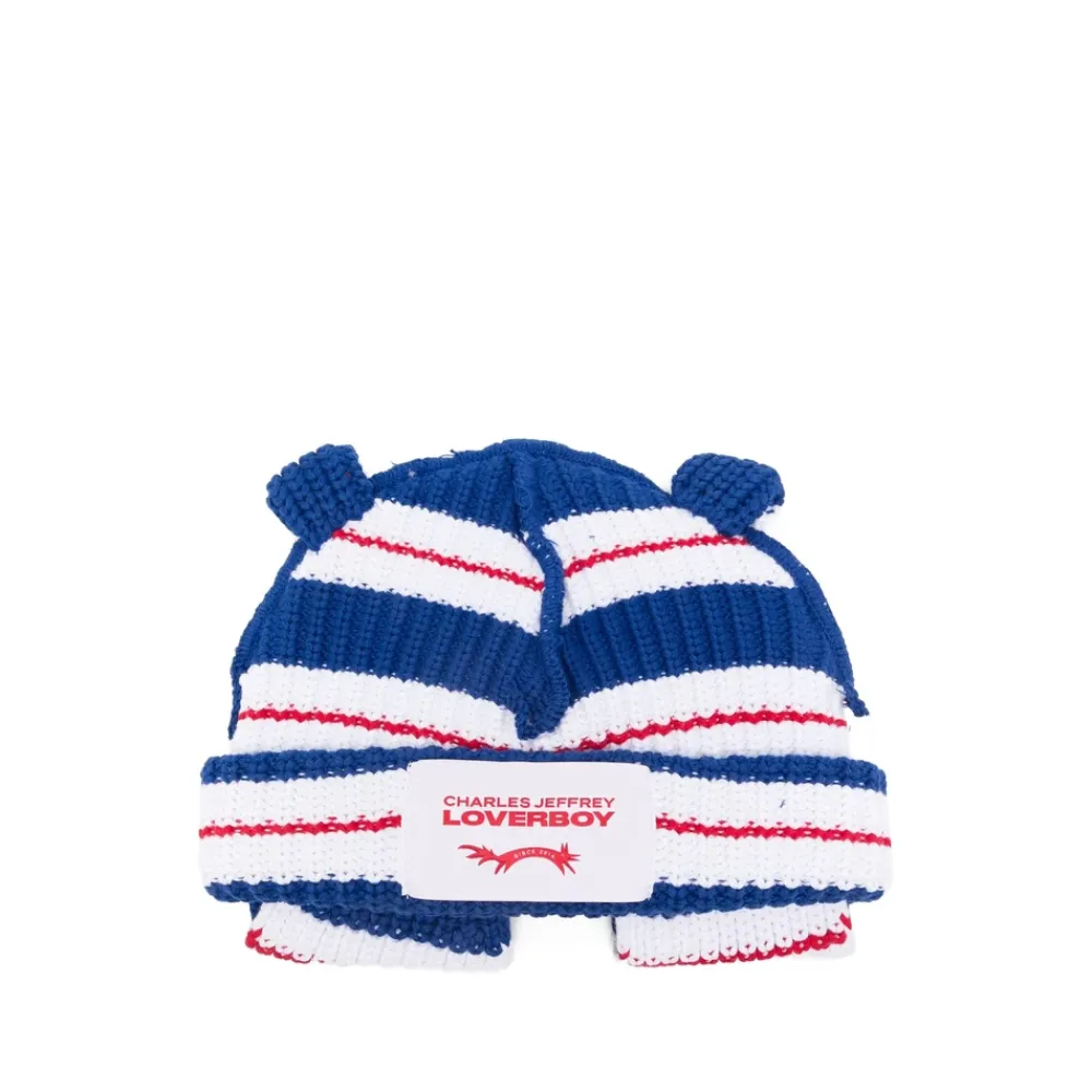LOVERBOY by Charles Jeffrey Blauwe Gestreepte Katoenen Gebreide Muts met Dierenoren