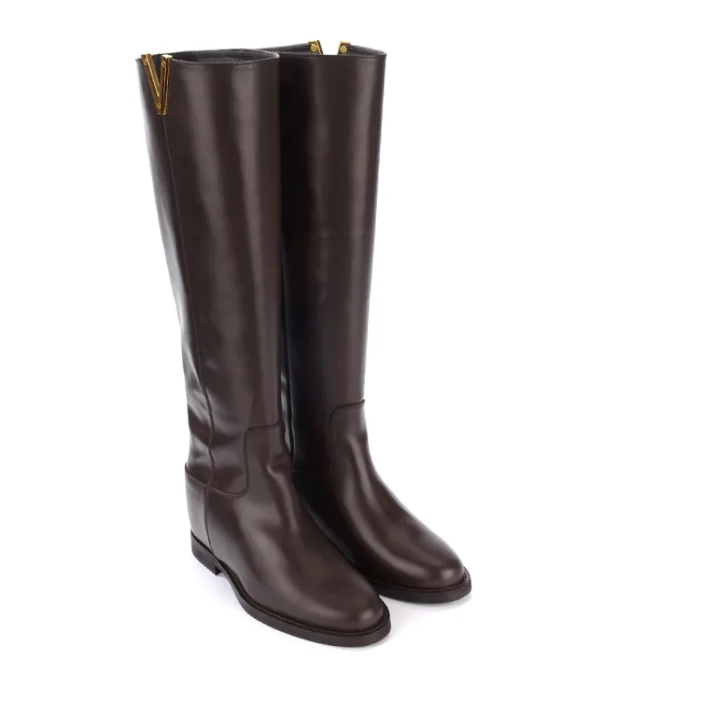 DAMES Via Roma 15 e leren laarzen met gouden metalen V-detail