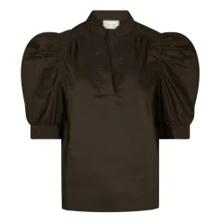 DAMES Neo Noir Blouses^e Poplin Blouse met Gerimpelde Mouwen