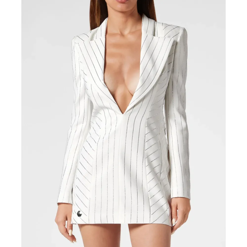 DAMES Philipp Plein Cady Superfitted Jurk Kristal Pinstripe