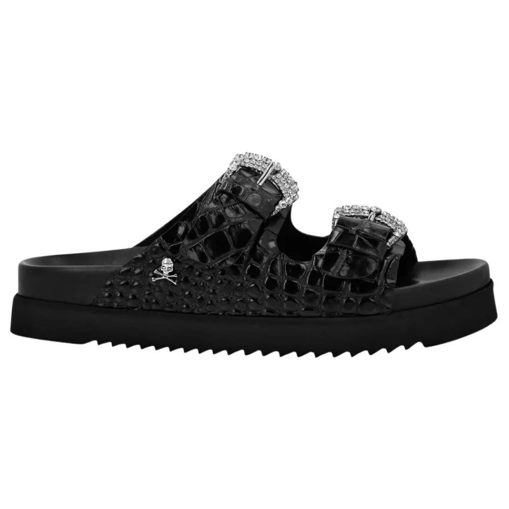 DAMES Philipp Plein Slippers^Croco Printed Leather Sandals Flat Crystal