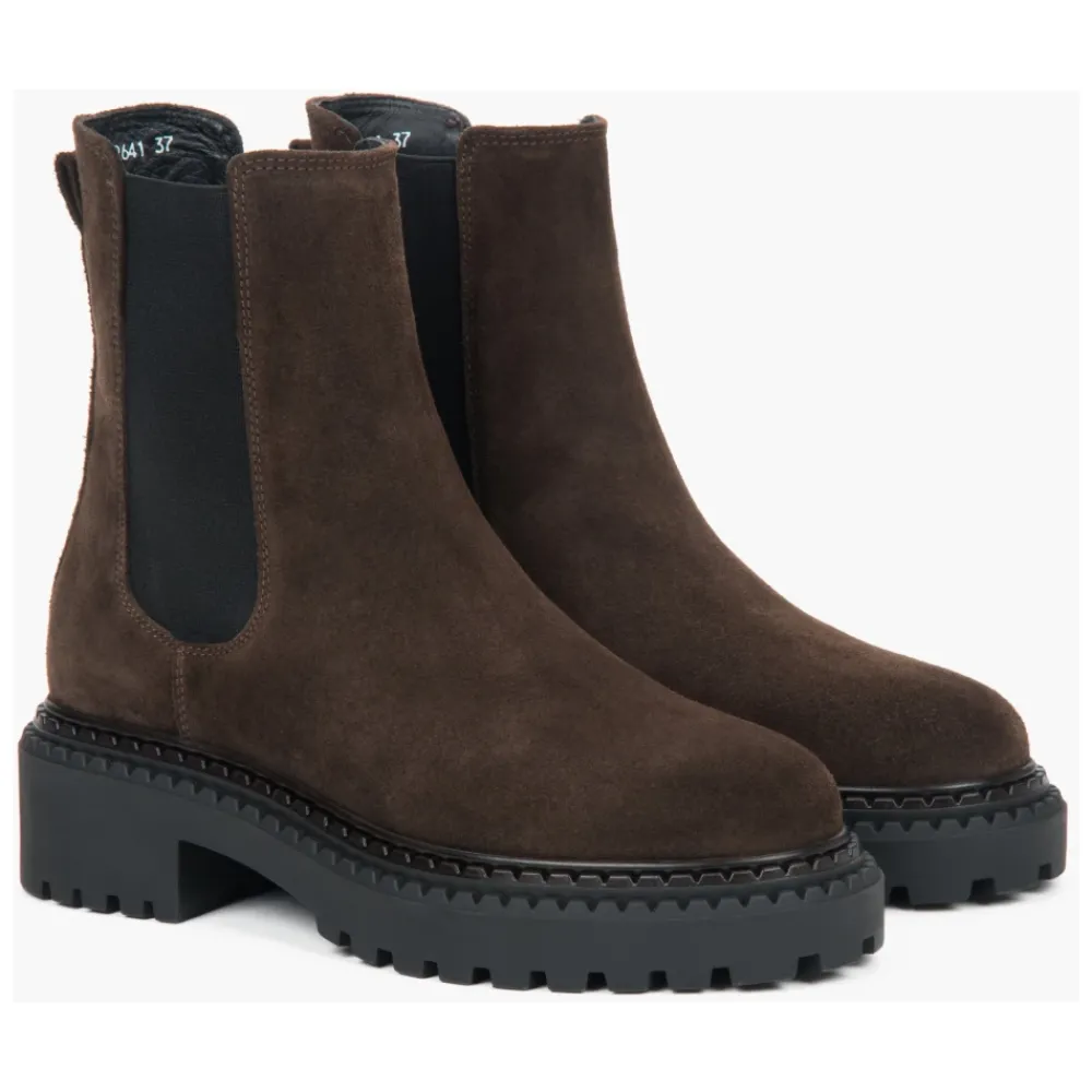 DAMES Estro Chelseaboots^Dames Saddle Brown Platform Chelsea Boots in Echt Italiaans Velours