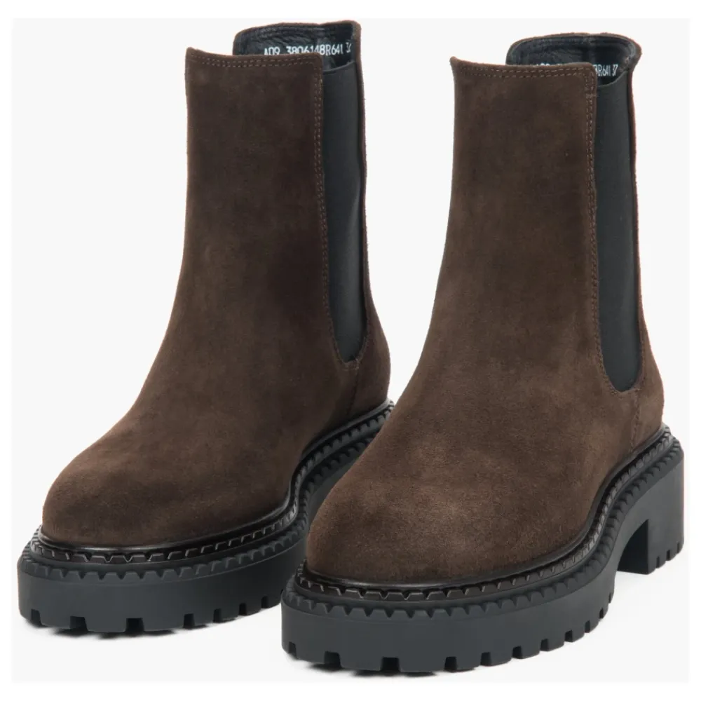 DAMES Estro Chelseaboots^Dames Saddle Brown Platform Chelsea Boots in Echt Italiaans Velours