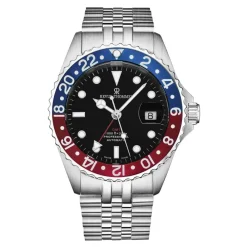 Heren Revue Thommen Diver GMT Zwarte Wijzerplaat Blauwe en Rode Armband Roestvrij Staal