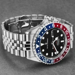 Heren Revue Thommen Diver GMT Zwarte Wijzerplaat Blauwe en Rode Armband Roestvrij Staal