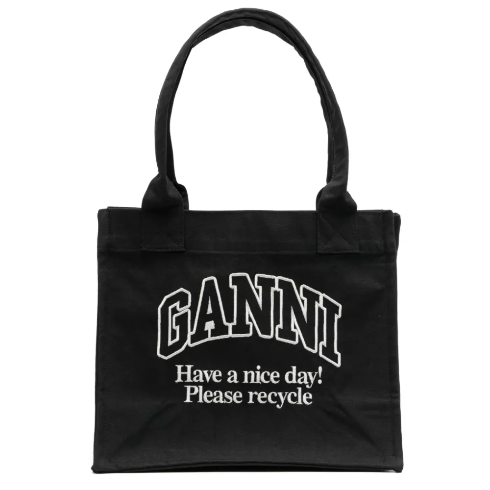 DAMES Ganni Geborduurd Logo Dubbele Handvat Katoenen Tas
