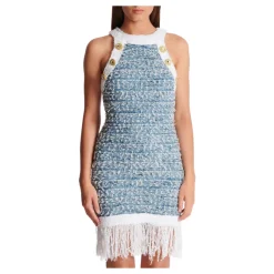 DAMES Balmain Jurken^Gefranjde denim tweed jurk