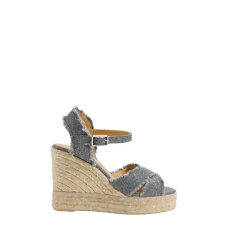 DAMES Castañer Sleehakken^Gekruiste Band Donker Zilveren Espadrille