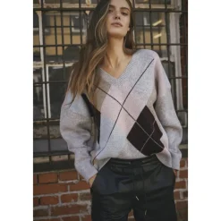 DAMES Co'Couture Geruite V-hals wollen trui