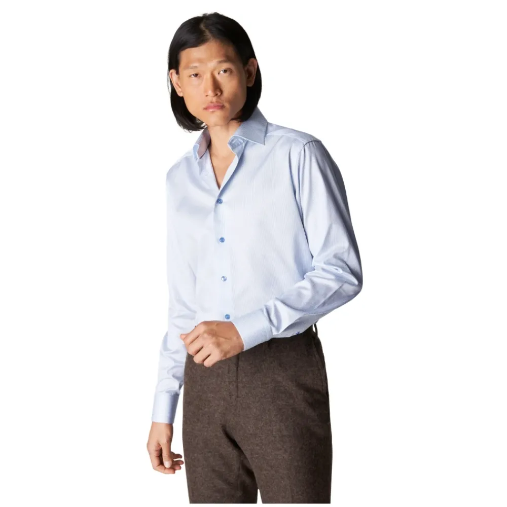 Heren Eton Overhemden^Gestreept katoen-lyocell stretch overhemd