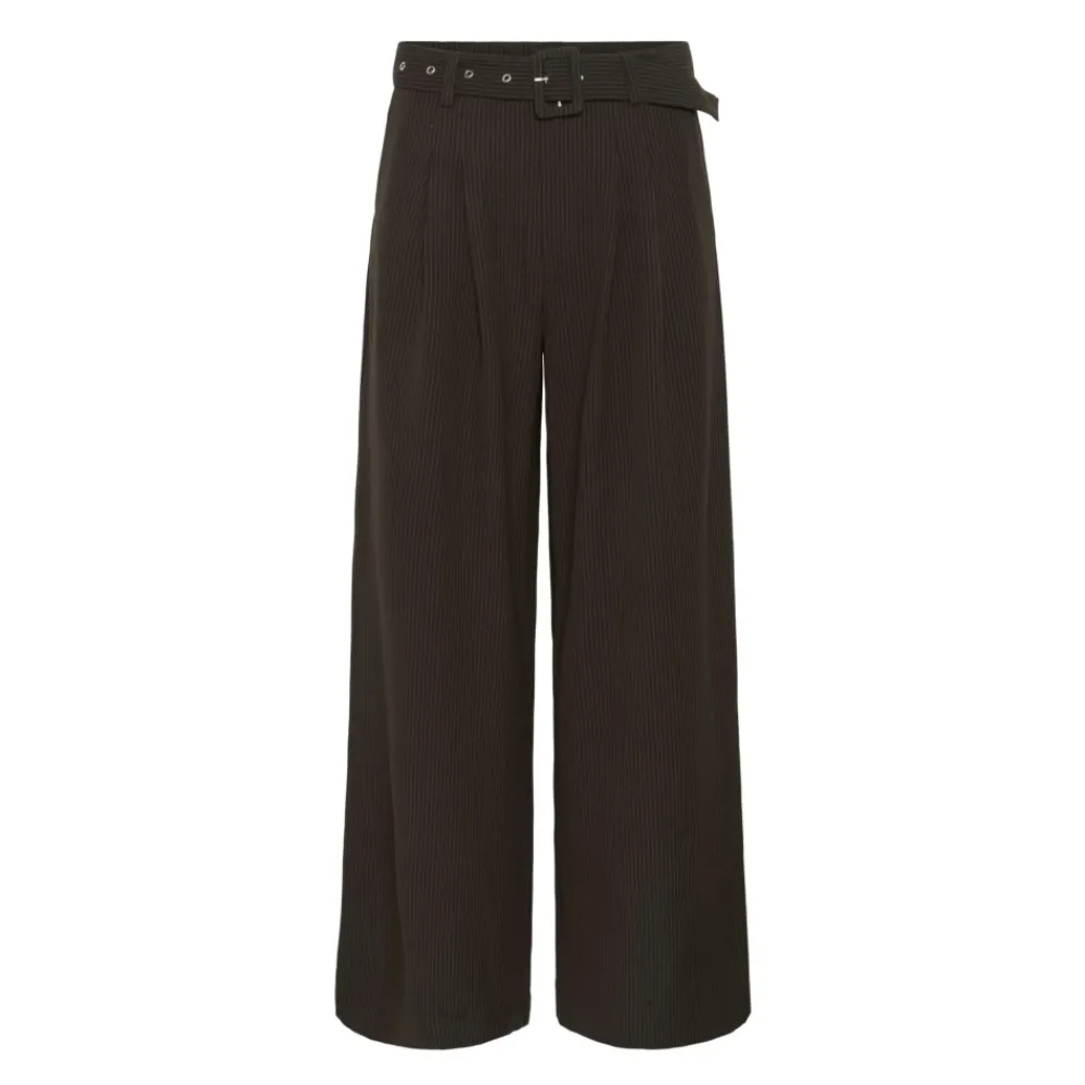 DAMES My Essential Wardrobe Hoge Wijde Broek Espresso met Streep