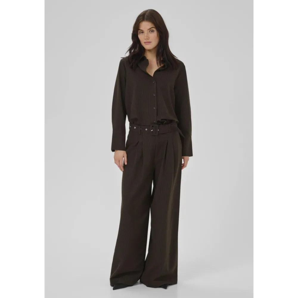 DAMES My Essential Wardrobe Hoge Wijde Broek Espresso met Streep