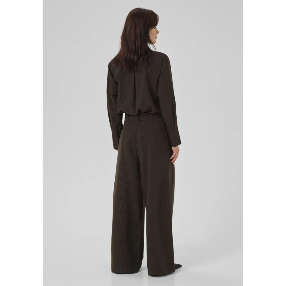 DAMES My Essential Wardrobe Hoge Wijde Broek Espresso met Streep