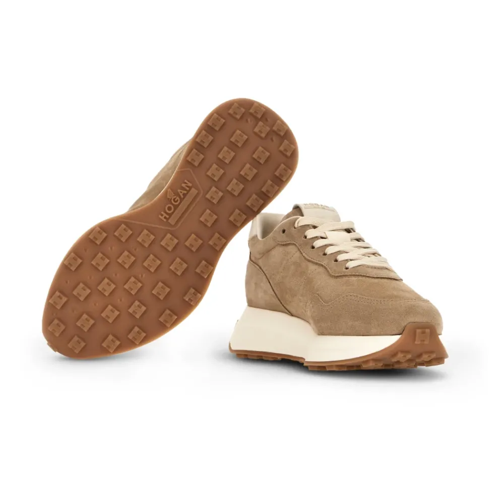 DAMES Hogan Sneakers^Kameel Suède Sneakers met Ivoorleren Inzetstukken