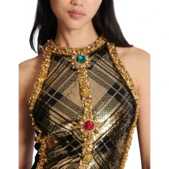 DAMES Balmain Jurken^Korte mouwloze jurk met geruite borduursels