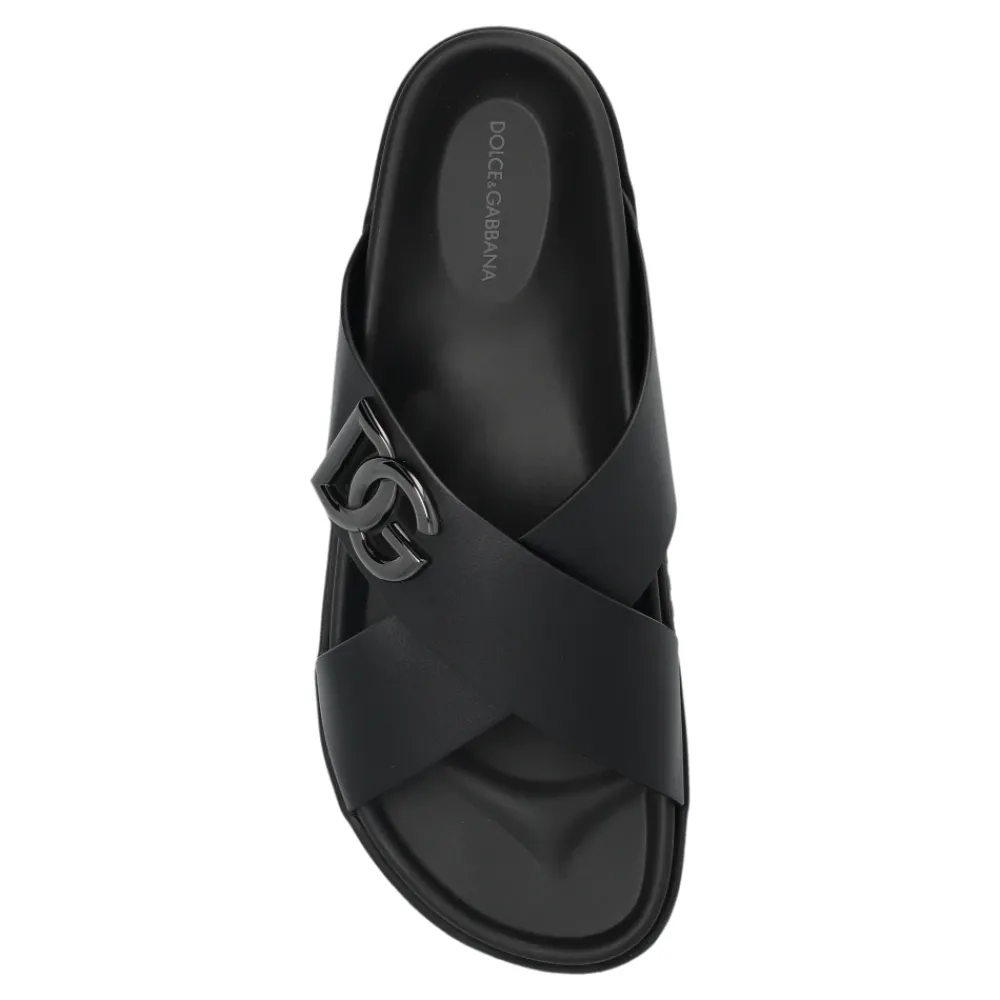 Heren Dolce & Gabbana Slippers^Leren slippers met logo-vormige applicatie