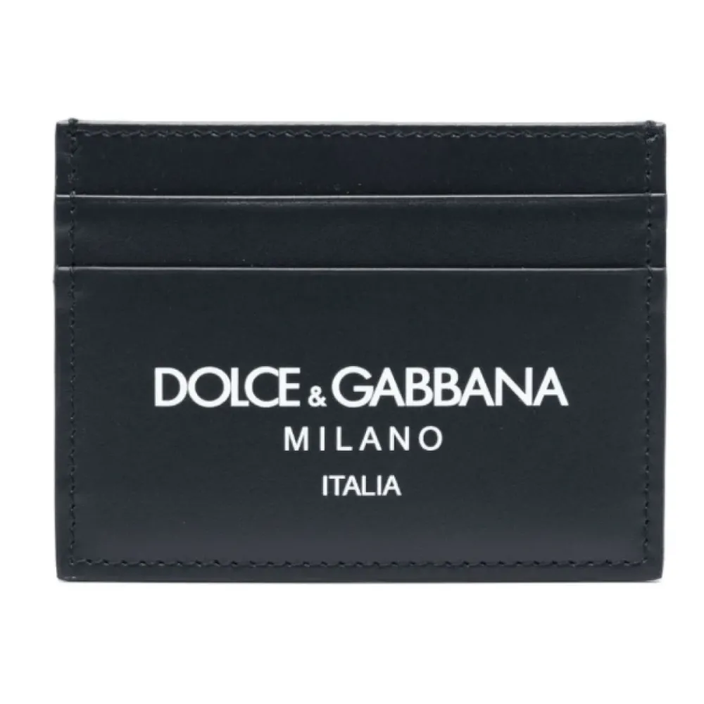Heren Dolce & Gabbana Portefeuilles^Midnight Blue Leren Kaarthouder met Logo Print