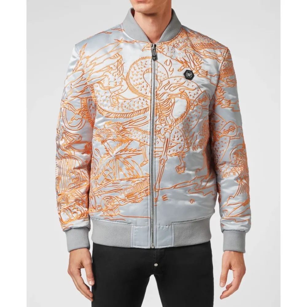 Heren Philipp Plein Satin Bomber Skeleton Tattoo