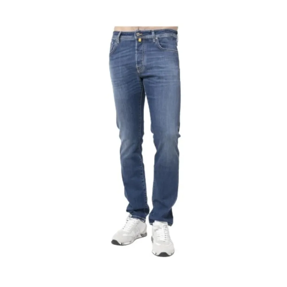 Heren Jacob Cohën Slim Fit Gewassen e Jeans met Gele Stiksels