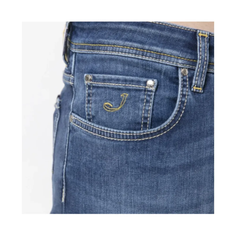 Heren Jacob Cohën Slim Fit Gewassen e Jeans met Gele Stiksels