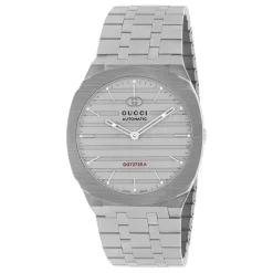 DAMES Gucci Horloges^Uomo/Donna - YA163302 - 40mm 40 mm roestvrijstalen multi-laagse kast, zwaar geborstelde grijze wijzerplaat met rode GG727.25.A kalibergravure, armband van roestvrij staal met vijf schakels