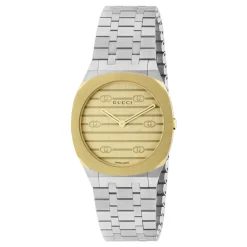 DAMES Gucci Uomo/Donna - YA163502 - 30mm roestvrijstalen en 18k vergulde multi-laagse kast, gouden messing wijzerplaat met Interlocking G-motief, armband met vijf schakels van roestvrij staal
