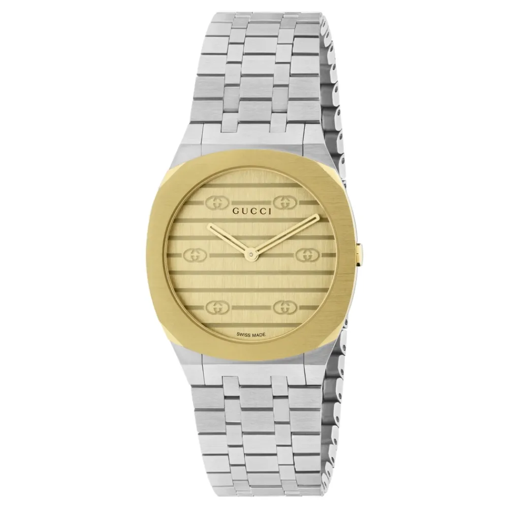 DAMES Gucci Uomo/Donna - YA163502 - 30mm roestvrijstalen en 18k vergulde multi-laagse kast, gouden messing wijzerplaat met Interlocking G-motief, armband met vijf schakels van roestvrij staal