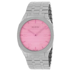 DAMES Gucci Horloges^YA163410 - 38 mm roestvrijstalen multi-laagse kast, witte wijzerplaat met Interlocking G-motief en roze gekleurd glas, armband van roestvrij staal met vijf schakels