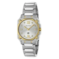 DAMES Gucci YA166503 - G-Flat 24mm roestvrijstalen kast met 18kt geelgoud vergulde lunet en schroeven; Zilver gegalvaniseerde wijzerplaat met Romeinse indexen om 12 en 6 uur en diamantindexen; Roestvrijstalen armband
