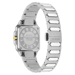 DAMES Gucci YA166503 - G-Flat 24mm roestvrijstalen kast met 18kt geelgoud vergulde lunet en schroeven; Zilver gegalvaniseerde wijzerplaat met Romeinse indexen om 12 en 6 uur en diamantindexen; Roestvrijstalen armband