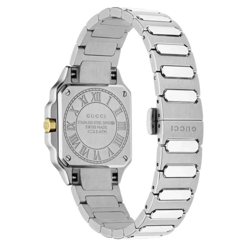 DAMES Gucci YA166503 - G-Flat 24mm roestvrijstalen kast met 18kt geelgoud vergulde lunet en schroeven; Zilver gegalvaniseerde wijzerplaat met Romeinse indexen om 12 en 6 uur en diamantindexen; Roestvrijstalen armband