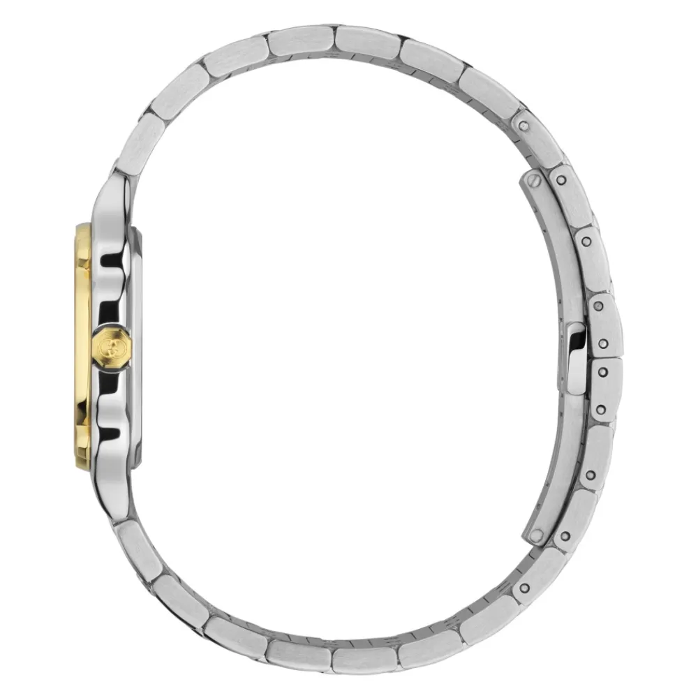 DAMES Gucci YA166503 - G-Flat 24mm roestvrijstalen kast met 18kt geelgoud vergulde lunet en schroeven; Zilver gegalvaniseerde wijzerplaat met Romeinse indexen om 12 en 6 uur en diamantindexen; Roestvrijstalen armband