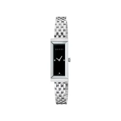 DAMES Gucci Horloges^YA127504 - G-Frame Stalen kast, zwarte wijzerplaat met 3 diamanten, stalen armband