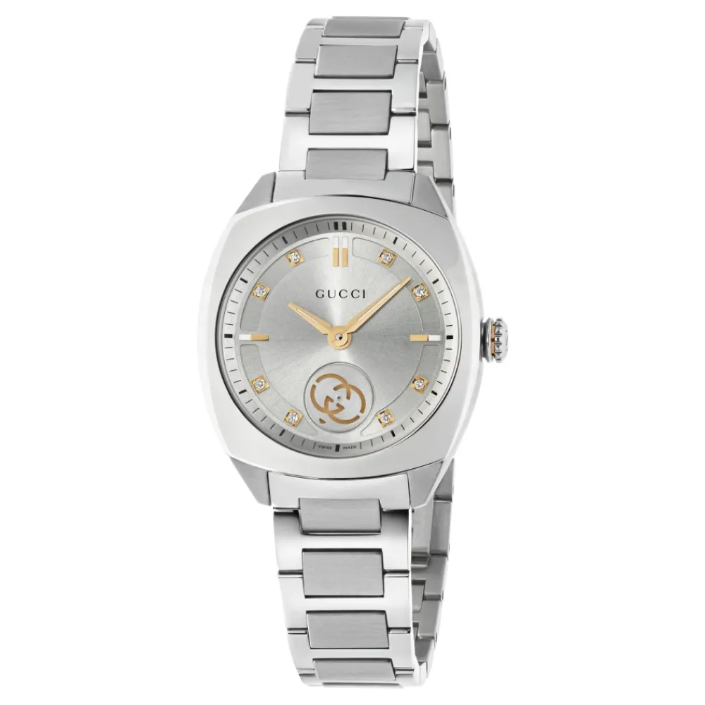 DAMES Gucci YA142510 - Interlocking 29mm roestvrijstalen kast, zilveren zon geborstelde wijzerplaat met 8 diamanten en roze goud vergulde details, kleine secondeweergave, roestvrijstalen armband