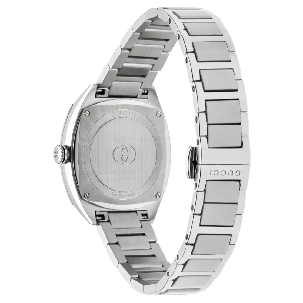 DAMES Gucci YA142510 - Interlocking 29mm roestvrijstalen kast, zilveren zon geborstelde wijzerplaat met 8 diamanten en roze goud vergulde details, kleine secondeweergave, roestvrijstalen armband