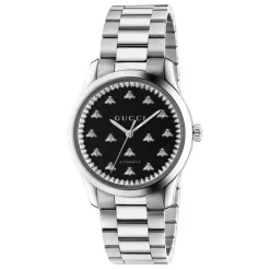 DAMES Gucci Horloges^YA1264130 - Stalen kast, e onyx steendial met bijen, stalen armband