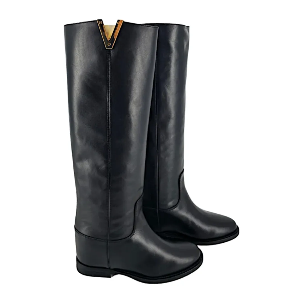 DAMES Via Roma 15 e hoge laarzen van leer met gouden `V`-detail