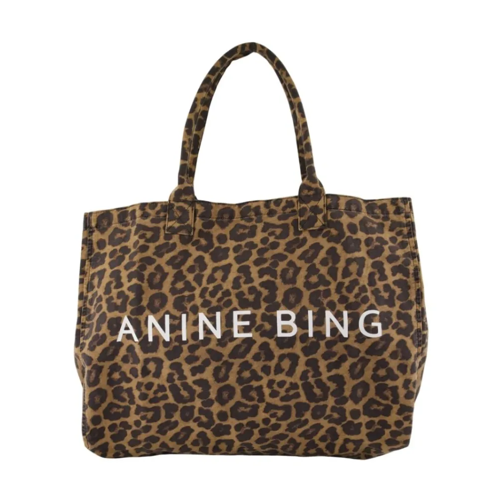 DAMES Anine Bing Shoppers^Zwarte katoenen shopper tas met luipaard