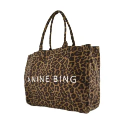 DAMES Anine Bing Shoppers^Zwarte katoenen shopper tas met luipaard